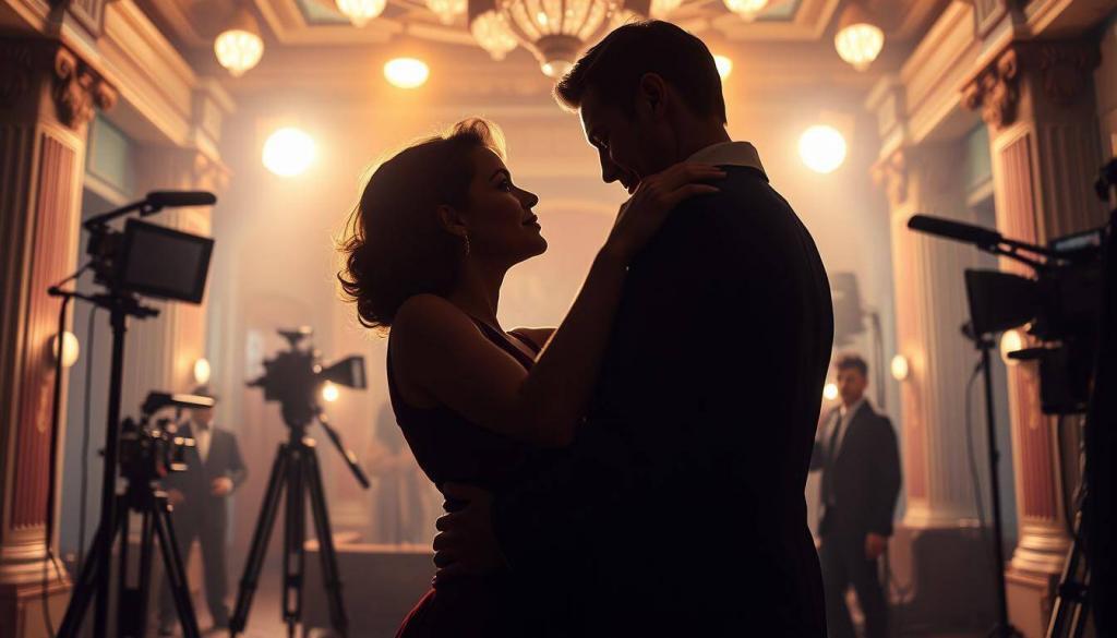 A romantic film set in the Golden Age of Hollywood. In the foreground, two actors embrace passionately, their bodies silhouetted against the warm glow of studio lights. In the middle ground, a vintage camera crew captures the intimate moment, their equipment and dark shadows suggesting the hustle and bustle of a movie production. The background showcases a stylized, art deco-inspired film studio, with high ceilings, ornate columns, and a touch of vintage glamour. The scene is bathed in a soft, cinematic light, creating a dreamlike, nostalgic atmosphere that evokes the golden era of cinema.