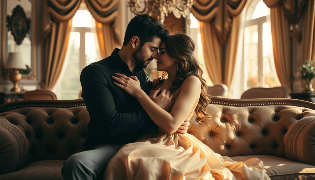 A romantic moment in the serene Princess Charming villa, as the camera captures a couple embracing tenderly on a plush, velvet-upholstered couch. Soft lighting filters through large windows, casting a warm, golden glow over the intimate scene. The couple's expressions convey a deep emotional connection, their bodies intertwined in a heartfelt embrace. The villa's elegant interior, with its ornate furnishings and decor, creates a luxurious, dreamlike atmosphere, heightening the romantic mood. The overall composition evokes a sense of intimacy, vulnerability, and the beauty of a shared, private moment between the two individuals.