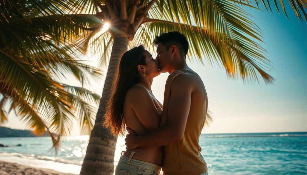 A romantic, sun-drenched beach scene under swaying palm trees. In the foreground, two lovers, their bodies intertwined, share a passionate embrace, lips locked in a deep, tender kiss. Soft, golden light filters through the lush foliage, casting a warm, intimate glow over the couple. The crystal-clear ocean stretches out in the background, its gentle waves lapping at the pristine sand. An atmosphere of blissful solitude and romantic tranquility pervades the scene, capturing the intimacy and connection between the two figures.