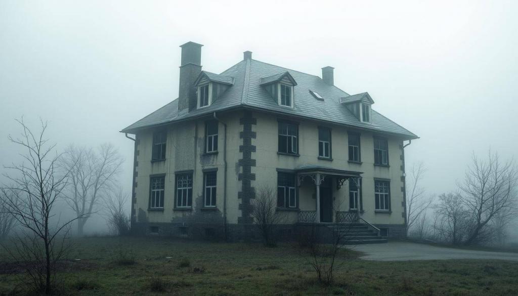 A rundown, decrepit villa stands amidst a hazy, surreal landscape. The foreboding exterior exudes a sense of despair and abandonment, reflecting the depths of addiction that have consumed its inhabitants. Shadows cling to the crumbling walls, hinting at the darkness that pervades this place of temptation. The windows, once vibrant with life, now stare blankly, their eyes hollow and lifeless. A thick mist shrouds the grounds, obscuring the true horrors that lurk within, as if the villa itself wishes to conceal the tragic tales of those who have succumbed to the allure of substance abuse. This is the Villa der Versuchung, a haunting symbol of the descent into the depths of Drogenabhängigkeit.