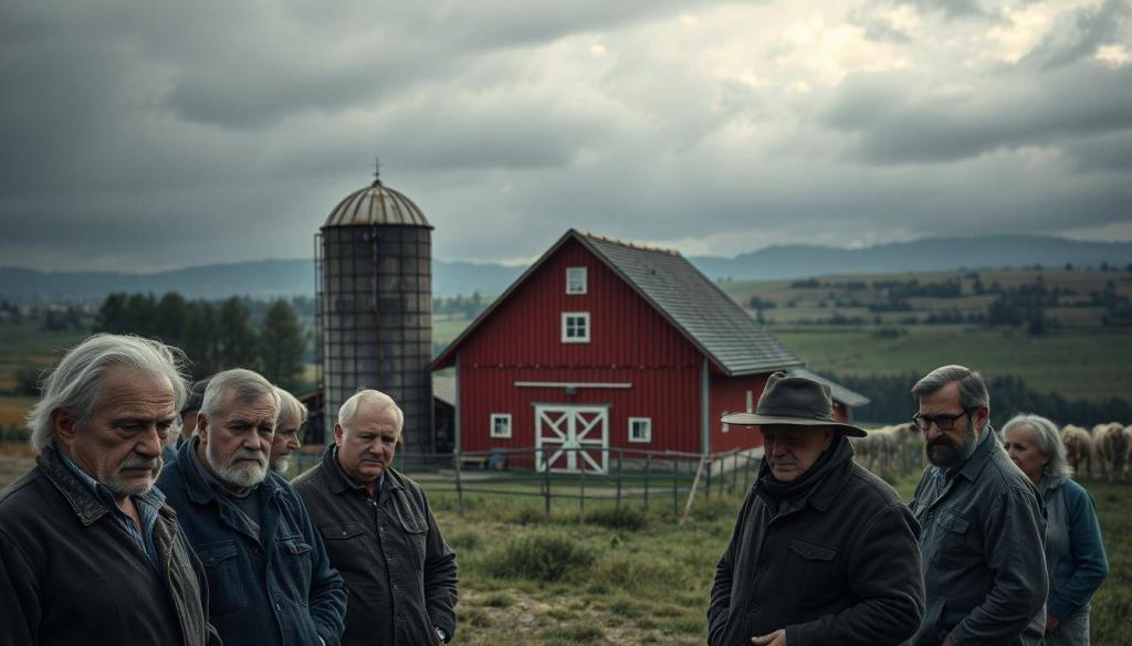 A rural German farmhouse set against a moody, overcast sky. In the foreground, a group of concerned-looking farmers gathered solemnly, discussing the aftermath of a scandal. Their weathered faces convey a mix of disappointment and resolve. The middle ground features the iconic red barn and silo of a traditional Bauernhof, now shrouded in an air of uncertainty. In the background, rolling hills and fields stretch out, hinting at the broader societal impact of the events unfolding. Soft, natural lighting illuminates the scene, casting long shadows and creating a somber, contemplative atmosphere. The overall composition suggests the far-reaching consequences of a single individual's actions on the close-knit farming community.