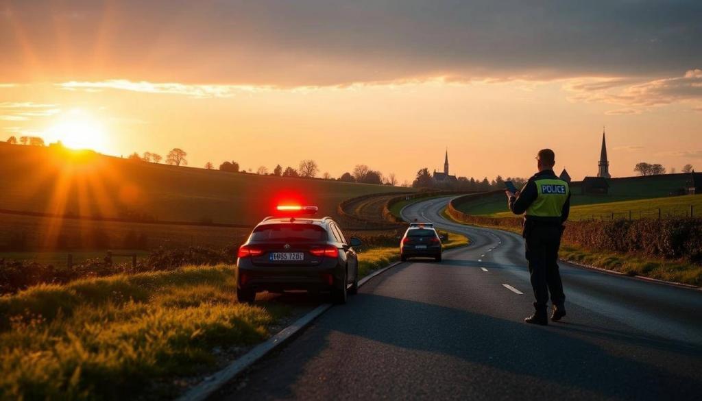 A rural German road winds through a lush, rolling landscape. In the foreground, a radar speed trap is set up, its bright flashing lights cutting through the twilight. Police officers in crisp uniforms monitor passing vehicles with handheld devices. The scene is bathed in a warm, golden glow from the setting sun, casting long shadows across the asphalt. In the distance, quaint village houses and church steeples dot the horizon, hinting at the regional character of this speed enforcement event. The overall atmosphere is one of dutiful, yet uneasy vigilance, as drivers approach the control point with a mix of caution and resignation.