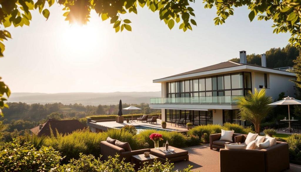 A scenic, sun-drenched view of the iconic "Sommerhaus der Stars" set, nestled amid lush, verdant surroundings. In the foreground, a cozy outdoor living space with plush seating and elegant furnishings, inviting viewers to imagine the drama and camaraderie that will unfold within. The middle ground showcases the grand, modern villa, its sleek architecture and large windows reflecting the warm, golden light of the summer afternoon. In the background, rolling hills and a picturesque countryside landscape set the stage for the highly anticipated new season. The atmosphere is one of anticipation and excitement, perfectly capturing the essence of the show's return and its celebratory milestone.