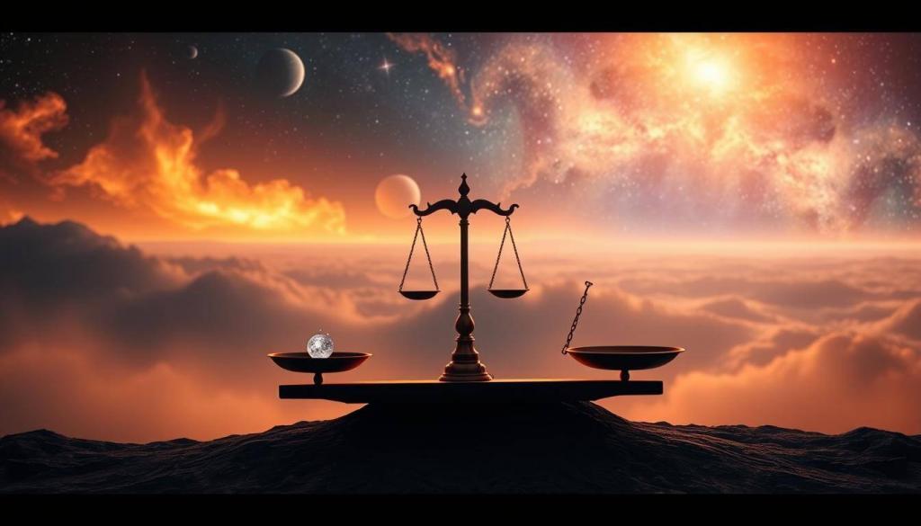 A serene cosmic landscape, illuminated by the soft glow of the universe. In the foreground, a symbolic representation of karma and justice, a scale balancing ethereal energies. The middle ground features celestial bodies, nebulae, and stars, conveying the interconnected nature of all things. In the background, a vast, infinite expanse of the cosmos, hinting at the universal principles of cause and effect. The lighting is warm and contemplative, evoking a sense of introspection and cosmic harmony. The overall mood is one of balance, tranquility, and the timeless wisdom of the universe.