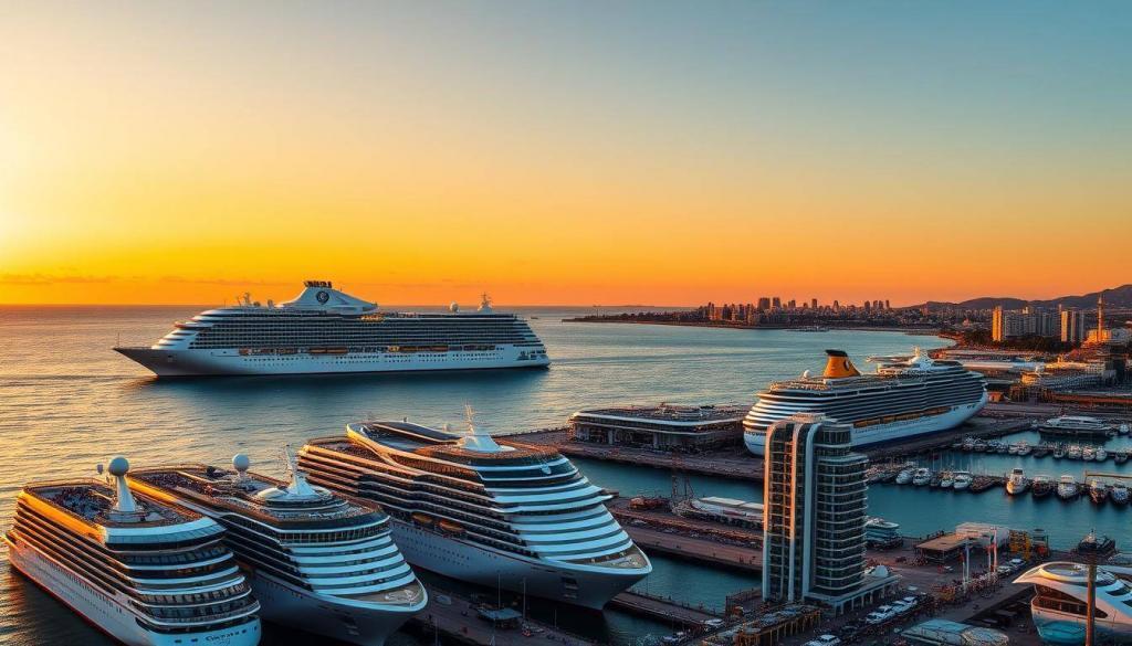A serene cruise ship glides across a glistening ocean, its sleek silhouette framed by a vibrant sunset sky. The vessel's elegant, modern design is highlighted by warm, soft lighting that creates an inviting atmosphere. In the foreground, several luxury cruise liners are docked, their names proudly displayed on the hulls, showcasing the premier cruise lines available for a perfect vacation. The middle ground features a bustling port, with passengers embarking and disembarking, surrounded by towering, modern terminals. In the background, a picturesque coastal city skyline completes the scene, hinting at the diverse destinations a cruise can offer. The overall composition conveys the luxurious, comfortable, and adventurous nature of the best cruise lines for an unforgettable journey.
