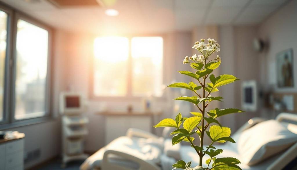 A serene hospital room, filled with the warm glow of natural light filtering through large windows. In the foreground, a symbol of hope and resilience - a vibrant, blooming plant, its verdant leaves and delicate flowers serving as a metaphor for the human spirit's ability to recover and thrive. The middle ground features a collection of medical equipment, conveying the care and attention dedicated to the patient's well-being. In the background, a soft, muted palette of soothing greys and blues sets the tone for a space of healing and contemplation. The overall atmosphere evokes a sense of tranquility, empowerment, and the promise of a brighter future, reflecting the resilience and determination of the individual at the heart of this story.