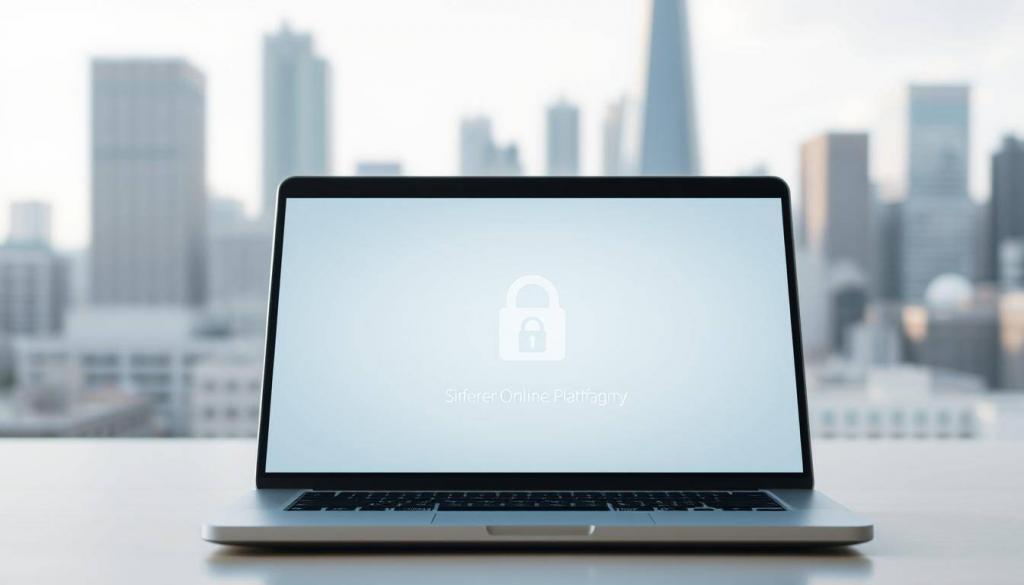 A serene, modern online platform with a clean, minimalist design. In the foreground, a sleek laptop displaying the Sicherheit Online Plattform interface, with crisp icons and intuitive navigation. The middle ground features a secure padlock symbol, symbolizing the platform's commitment to data protection and user privacy. In the background, a softly blurred cityscape with skyscrapers, conveying a sense of trustworthiness and reliability. The lighting is natural and diffused, creating a calming, professional atmosphere. The overall mood is one of safety, transparency, and user-centric design.