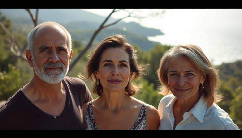 A serene outdoor scene on a sun-dappled Mediterranean island. In the foreground, three figures stand together, their faces and body language conveying a sense of warmth, connection, and reflection. The central figure, a woman with an open, empathetic expression, is flanked by two men, one with a pensive gaze and the other with a gentle smile. The background is filled with lush greenery, a hint of rolling hills, and a glimpse of the sparkling azure sea. Soft, diffused lighting creates a contemplative, almost ethereal atmosphere, suggesting the bittersweet nature of the "voices of the companions" honored in this scene.
