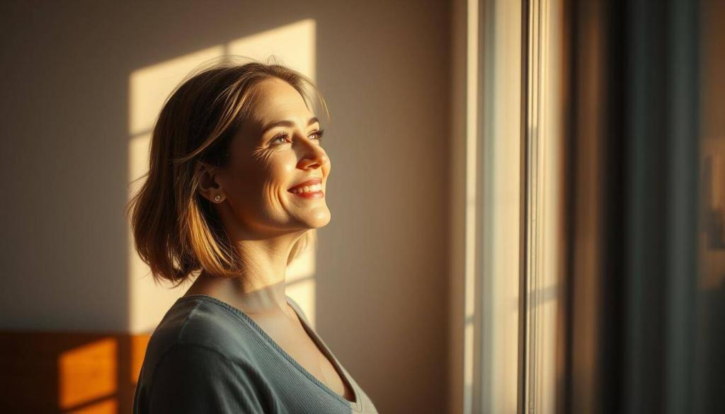 A serene, reflective atmosphere with a pensive woman standing in a sunlit room, gazing thoughtfully out a window. Soft, warm lighting illuminates her face, casting gentle shadows that convey a sense of introspection. The background is blurred, allowing the viewer to focus on her expression, which captures a delicate balance of joy and contemplation. The composition is balanced, with clean lines and a minimalist aesthetic that evokes a sense of tranquility. The image radiates a sense of personal growth and resilience in the face of life's challenges.