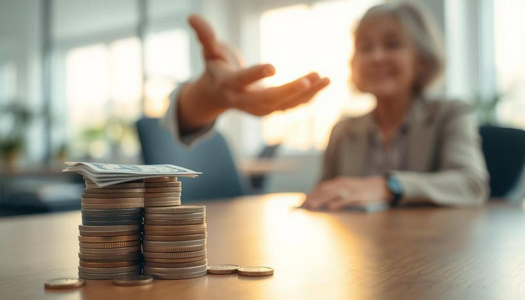 A serene scene depicting the disbursement of retirement funds. In the foreground, a stack of coins and paper currency representing the pension payout, lit by a warm, golden light. In the middle ground, a retiree's hand reaching out to accept the payment, their expression one of relief and gratitude. The background is a softly blurred office setting, suggesting the administrative process behind the disbursement. The overall mood is one of financial security and tranquility, with a focus on the moment of the pension's delivery.