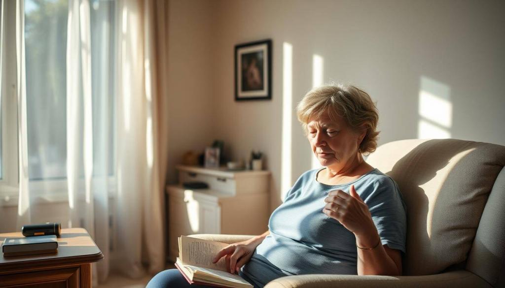 A serene, sun-dappled room where Patrice Aminati navigates her daily routine with resilience. In the foreground, Patrice sits in a comfortable armchair, her gaze thoughtful as she reads from a book. Soft natural light filters through sheer curtains, casting a warm glow on her face. In the middle ground, a tidy nightstand holds personal items and medication, a subtle reminder of her ongoing battle. The background reveals a cozy home environment, hinting at the small moments and quiet rituals that provide solace during her cancer journey. An atmosphere of quiet contemplation and inner strength pervades the scene, capturing the essence of Patrice's everyday life with cancer.