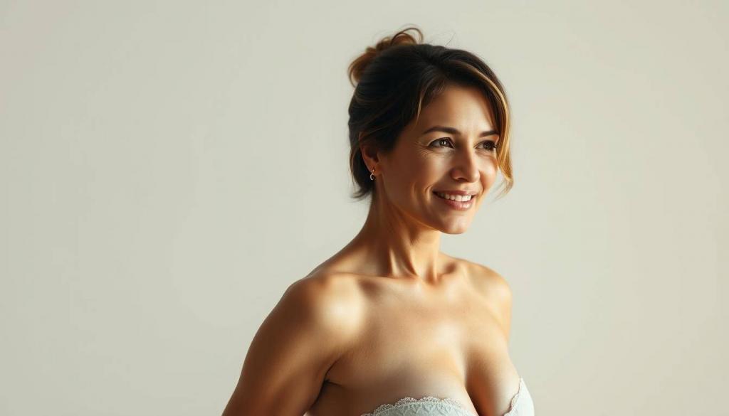 A serene, well-lit portrait of a confident, healthy woman in her mid-30s. Soft, natural lighting illuminates her face and body from the side, casting gentle shadows that accentuate her toned, glowing skin. She stands in a relaxed, open pose, head held high, with a slight smile that conveys a sense of self-acceptance and inner peace. The background is a plain, softly-blurred studio setting, allowing the subject to be the central focus. The overall mood is one of tranquility, self-assurance, and a celebration of the natural beauty of the human form.