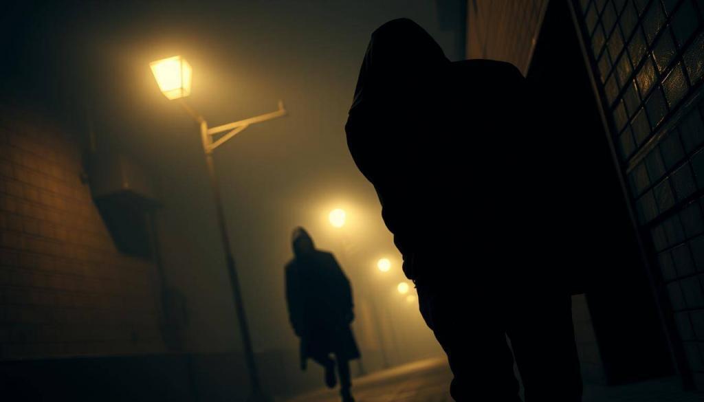 A shadowy figure stalking through a dimly lit alley, the streetlights casting an eerie glow. The background is hazy, with a sense of unease and tension permeating the scene. In the foreground, the stalker's face is obscured, their movements predatory and sinister. The lighting is dramatic, creating sharp contrasts and deep shadows that heighten the sense of drama and danger. The camera angle is low, emphasizing the looming, threatening presence of the stalker. The overall atmosphere is one of fear, anxiety, and the sense that something unsettling is about to unfold.