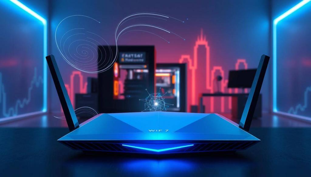 A sleek, futuristic rendering of a WiFi 7 router set against a stylized backdrop. In the foreground, the router's angular design and vibrant blue-and-white color scheme convey a sense of cutting-edge technology. Swirling data streams and geometric patterns emanate from the device, symbolizing the ultra-fast connectivity of the latest wireless standard. In the middle ground, a shadowy gaming setup, including a high-performance PC and state-of-the-art gaming peripherals, hints at the power and speed required for online gaming. The background features a minimalist, neon-infused cityscape, suggesting the urban, connected nature of modern gaming. Dramatic lighting and a moody, futuristic atmosphere complete the scene, evoking the idea of a seamless, lightning-fast gaming experience powered by the latest WiFi advancements.
