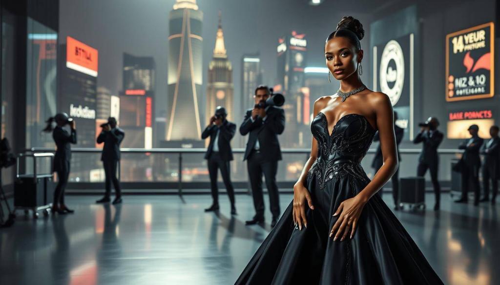 A sleek, high-fashion photoshoot showcasing the impact of AI in the fashion industry. In the foreground, a lifelike AI-generated model poses confidently, wearing a striking designer gown with intricate, futuristic details. The middle ground features a team of AI-powered stylists, make-up artists, and photographers, all collaborating to capture the perfect shot. In the background, a stylized cityscape with towering skyscrapers and neon signs reflects the cutting-edge, technological atmosphere. Dramatic lighting casts dramatic shadows, creating a moody, cinematic ambiance. The overall scene conveys the seamless integration of AI and high fashion, hinting at the transformative potential of this symbiotic relationship.