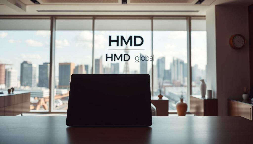 A sleek, minimalist office interior with a large window overlooking a modern city skyline. In the foreground, a desk with a state-of-the-art laptop and a clean, elegant design aesthetic. Above the desk, a prominent HMD Global logo shines brightly, casting a warm glow across the room. The middle ground features a modern, high-backed office chair and subtle decor elements that exude a sense of professionalism and innovation. The background is filled with the vibrant, futuristic cityscape, hinting at the global ambitions and technological prowess of HMD Global. The lighting is soft and natural, creating a welcoming and inspiring atmosphere that reflects the brand's vision for the future.