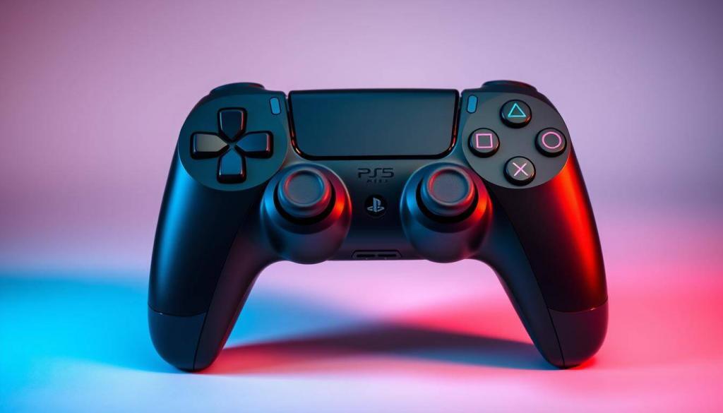 A sleek, modern PlayStation 5 controller set against a clean, minimalist background. The controller's tactile buttons, smooth triggers, and ergonomic design are highlighted, showcasing its improved functionality and comfort over previous DualShock models. Subtle lighting accentuates the controller's glossy black finish, creating a sense of depth and emphasizing its premium aesthetic. The scene exudes a professional, technology-focused atmosphere, hinting at the enhanced capabilities and versatility of this latest PlayStation input device.
