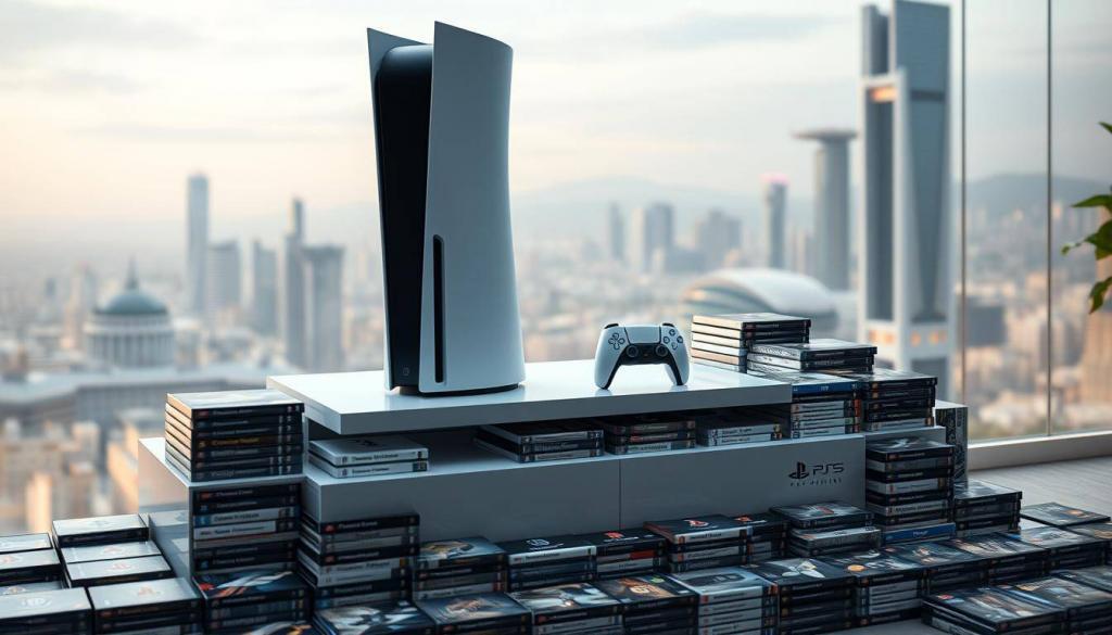 A sleek, modern gaming setup with a towering, state-of-the-art PlayStation 5 Pro console prominently displayed. The console sits atop a glossy, minimalist media console, surrounded by a sea of game cases and external hard drives, representing the vast storage capacity required for the latest, high-fidelity digital games. Soft, directional lighting illuminates the scene, casting subtle shadows and highlights that accentuate the clean, industrial design of the hardware. The background features a blurred, out-of-focus cityscape, hinting at the digital world that these games inhabit. An atmosphere of technological advancement and the ever-expanding digital gaming landscape pervades the image.