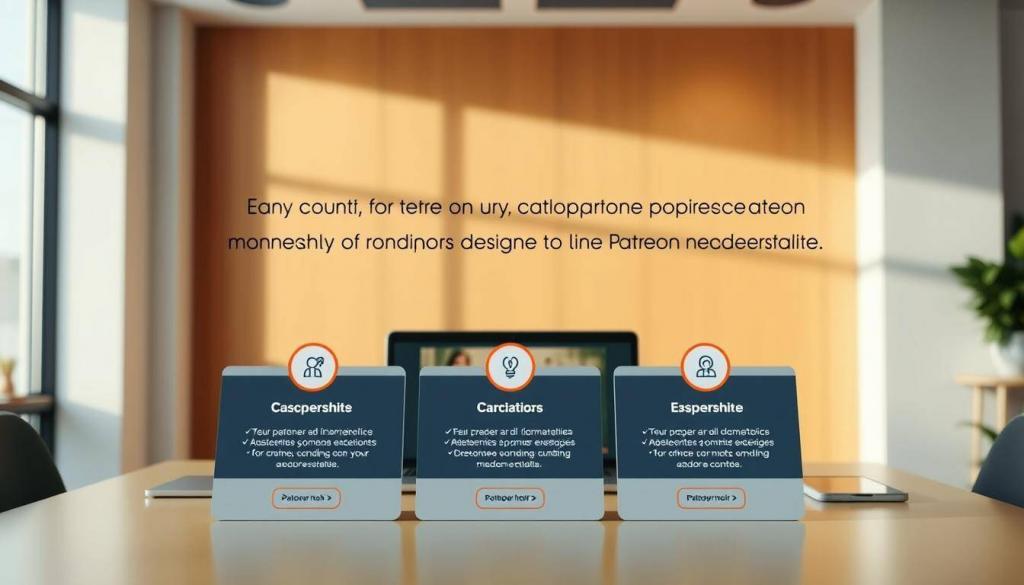 A sleek, modern office setting with clean lines and natural light. In the foreground, a neatly organized display showcases three Patreon membership tiers, each with its own unique icon and benefits clearly outlined. The middle ground features a laptop and tablet, representing the digital tools creators use to manage their Patreon pages. In the background, a warm, neutral-toned wall provides a minimalist backdrop, highlighting the key elements of the Patreon membership tiers. The overall composition conveys a sense of professionalism, simplicity, and the value Patreon provides to creators in monetizing their content.