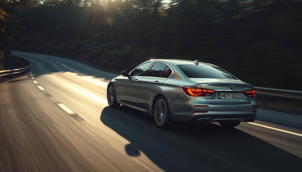 A sleek, silver sedan speeds down a winding, multi-lane highway, the sun's rays glinting off its glossy surface. The driver, caught in a moment of inattention, accelerates past the legal limit, triggering a flash from a concealed speed camera. The image captures the car in sharp focus, frozen in a split-second of reckless motion, while the blurred background suggests the sensation of overwhelming velocity. Moody shadows and highlights create a sense of drama, underscoring the consequences of the driver's actions. The scene evokes a feeling of thrill and unease, a cautionary tale about the dangers of driving at überhöhter geschwindigkeit.