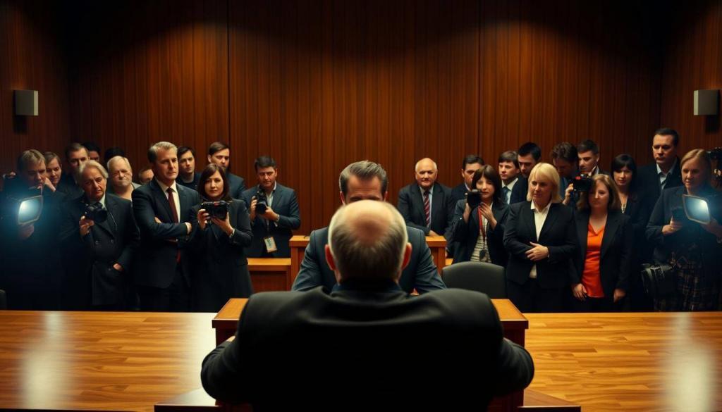 A solemn courtroom setting, the defendant Matthew Perry sitting at the center, flanked by his legal team. Bright lights cast dramatic shadows, capturing the gravity of the proceedings. In the foreground, the judge's bench looms, a stern expression etched on their face. The jury, solemnly contemplating the case, occupy the middle ground. Reporters and spectators fill the background, their faces etched with a mixture of curiosity and concern. An air of tension permeates the scene, the weight of the charges evident in the terse exchanges and the defendant's somber demeanor. The scene conveys the high stakes and judicial consequences at play, reflecting the title "Juristische Konsequenzen: Bis zu 65 Jahre Haft drohen".
