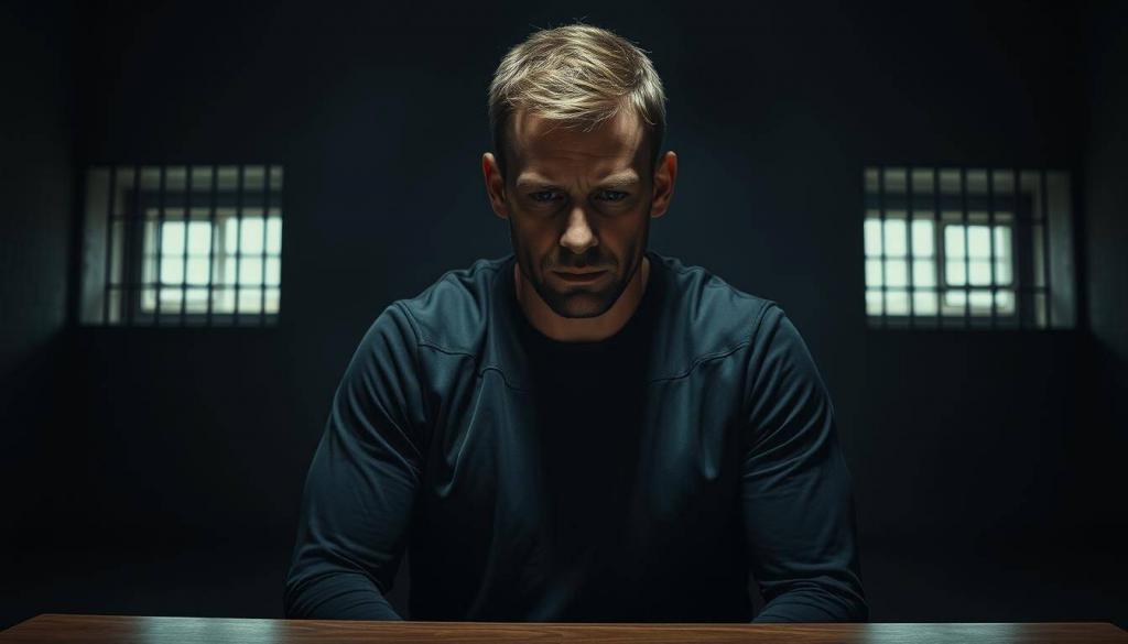 A somber and introspective portrait of Eike Immel, the former German goalkeeper, against a backdrop of a dimly lit, austere prison setting. Immel's face is cast in a moody chiaroscuro, conveying a sense of remorse and resignation. His gaze is downcast, shoulders slumped, as he sits alone at a sparse table, the stark concrete walls and barred windows hinting at the confines of his incarceration. The lighting is dramatic, creating deep shadows that underscore the weight of his situation. The overall atmosphere is one of melancholy and contemplation, a visual representation of the consequences of Immel's actions and the heavy price he has paid.