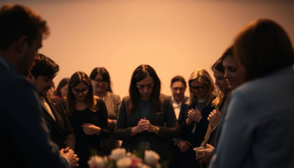 A somber and reflective scene of colleagues gathered in quiet mourning, their faces etched with grief and empathy. In the foreground, a small group of individuals stand close together, heads bowed, hands clasped, their expressions conveying the weight of their shared loss. The middle ground is softly lit, casting a warm, muted glow that envelops the figures, creating an atmosphere of solemnity and compassion. In the background, a blurred, neutral setting serves as a subtle backdrop, allowing the focus to remain on the emotional reactions of the colleagues as they come together to honor and remember their beloved friend and co-worker.
