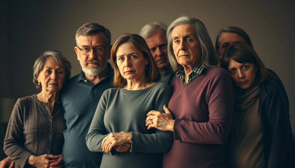 A somber, close-knit family portrait of the Ulreich family, captured in a warm, diffused lighting that casts a melancholic glow. In the foreground, Sven and his wife stand solemnly, their faces etched with grief, their hands intertwined in a gesture of shared sorrow. Beside them, their daughter and other relatives surround them, offering silent support and comfort. The background is softly blurred, drawing the viewer's focus to the family's palpable emotions. The composition is balanced, with the family members evenly distributed, creating a sense of unity in their shared anguish. The overall tone is one of profound loss and resilience, reflecting the family's reaction to the tragic events.