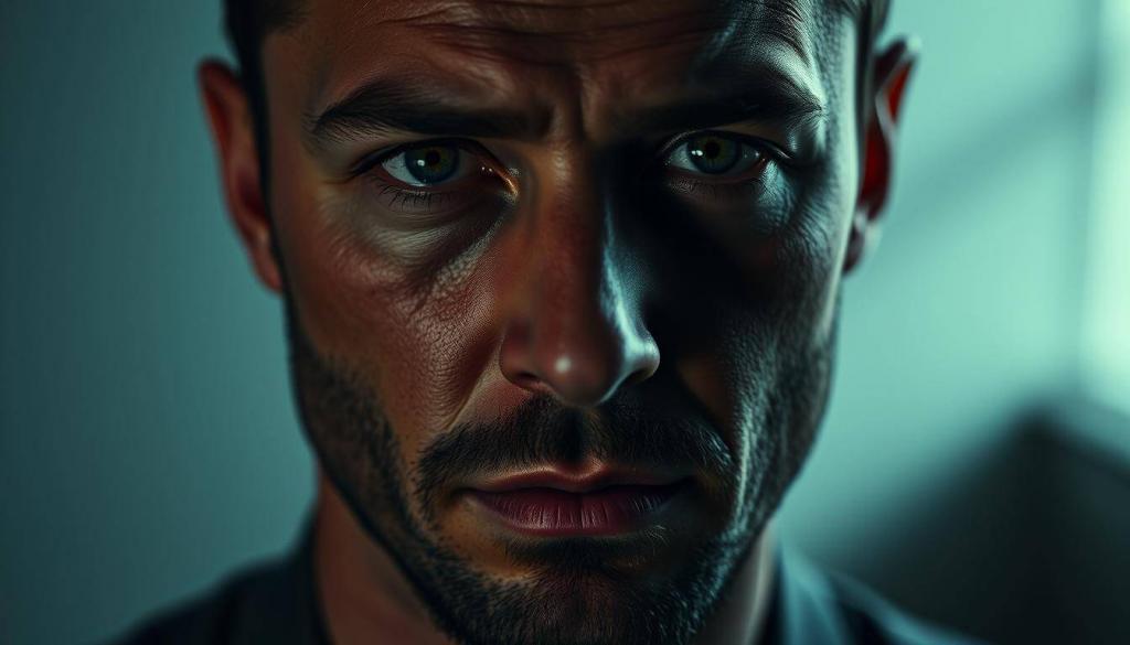 A somber close-up portrait of Justin Timberlake, his face a mask of raw emotion, set against a softly blurred background. Dramatic low-key lighting casts deep shadows, conveying a sense of vulnerability and introspection. Timberlake's gaze is directed towards the viewer, his eyes reflecting a quiet pain and resignation. The image exudes a melancholic atmosphere, evoking the seriousness of his personal struggle with Lyme disease, as he candidly shares his journey in an emotional Instagram post.