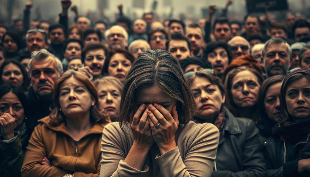 A somber crowd gathers, expressions etched with grief, anger, and disbelief. In the foreground, a woman kneels, hands covering her face, her sorrow palpable. Behind her, a sea of faces convey a range of emotions - furrowed brows, clenched fists, and anguished gazes. The scene is bathed in a muted, almost sepia-toned light, heightening the sense of melancholy. The background is hazy, with blurred figures representing the wider public reaction, their outrage and bewilderment evident. The composition evokes a powerful, visceral response, capturing the complex tapestry of emotions surrounding the controversial release of the "Maschsee Mörder" after 12 years.