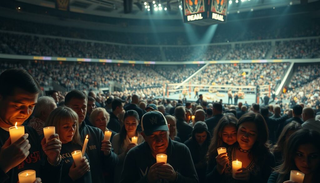 A somber crowd gathers, united in mourning the passing of a wrestling icon. In the foreground, emotional fans hold candlelit vigils, faces etched with grief. The middle ground captures a swirl of floral tributes and memorabilia, a tapestry of reverence. In the background, a grand arena lies empty, its once-vibrant energy now tinged with melancholy. Soft, diffused lighting casts a solemn glow, evoking a sense of reverence and profound loss. Subtle camera angles emphasize the weight of the moment, drawing the viewer into the collective reaction to this legendary figure's demise.