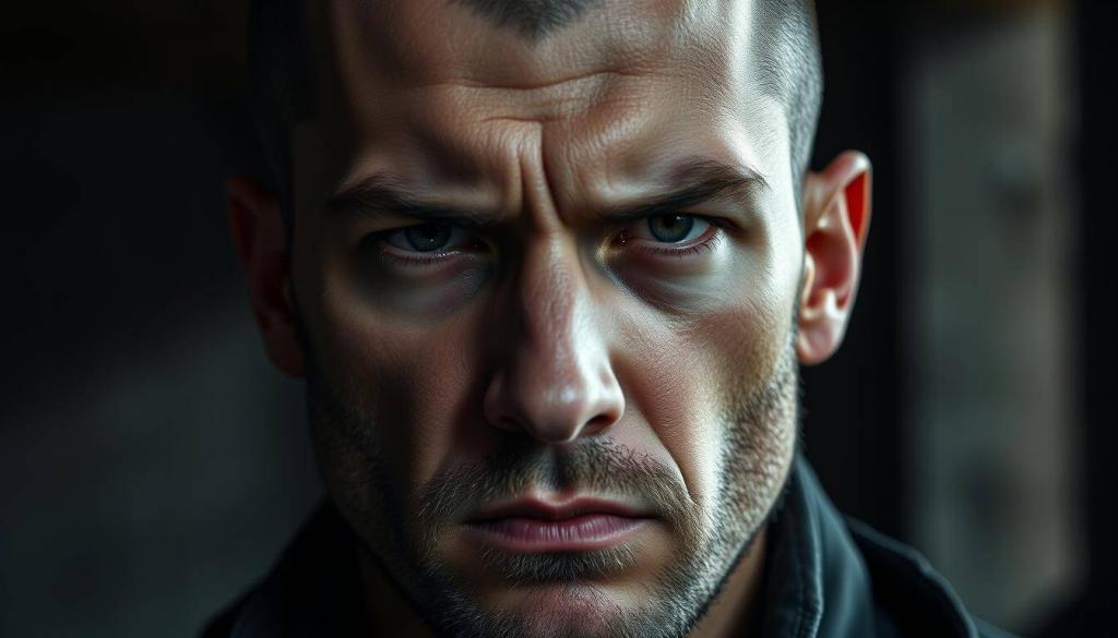 A somber, medium close-up portrait of a young, rugged-looking man with a serious, almost defiant expression on his face. His features are sharp and angular, with sunken eyes and a prominent brow that casts deep shadows. He has a shaved head and a day's stubble on his jawline, adding to his hardened, intimidating appearance. The lighting is moody, with dramatic chiaroscuro effects creating pockets of light and shadow that accentuate the man's stern, brooding countenance. The background is blurred and indistinct, keeping the focus squarely on the mutmaßlicher Täter, the suspected perpetrator at the heart of this tragic event.