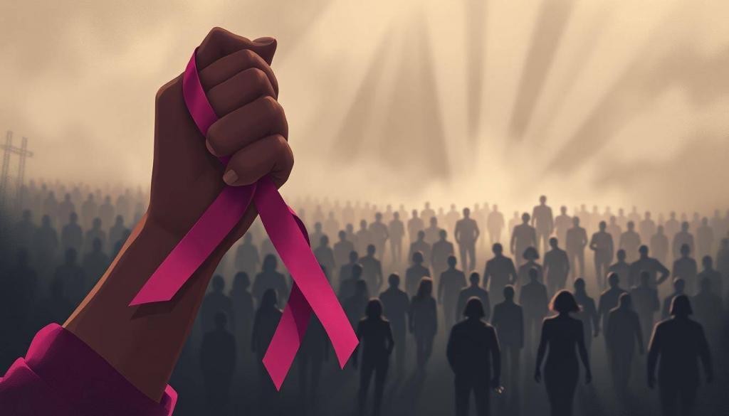 A somber, realistic illustration of the battle against breast cancer. In the foreground, a woman's hand grasps a pink ribbon, a symbol of resilience and awareness. Her face reflects a determined expression, conveying the courage and strength required to confront this formidable disease. The middle ground depicts a crowd of silhouetted figures, representing the broader community supporting the fight. In the background, a hazy, dreamlike landscape suggests the challenges and uncertainties faced, with shafts of light breaking through, hinting at the hope of recovery. The overall mood is one of solemnity and determination, capturing the essence of the ongoing struggle against breast cancer.