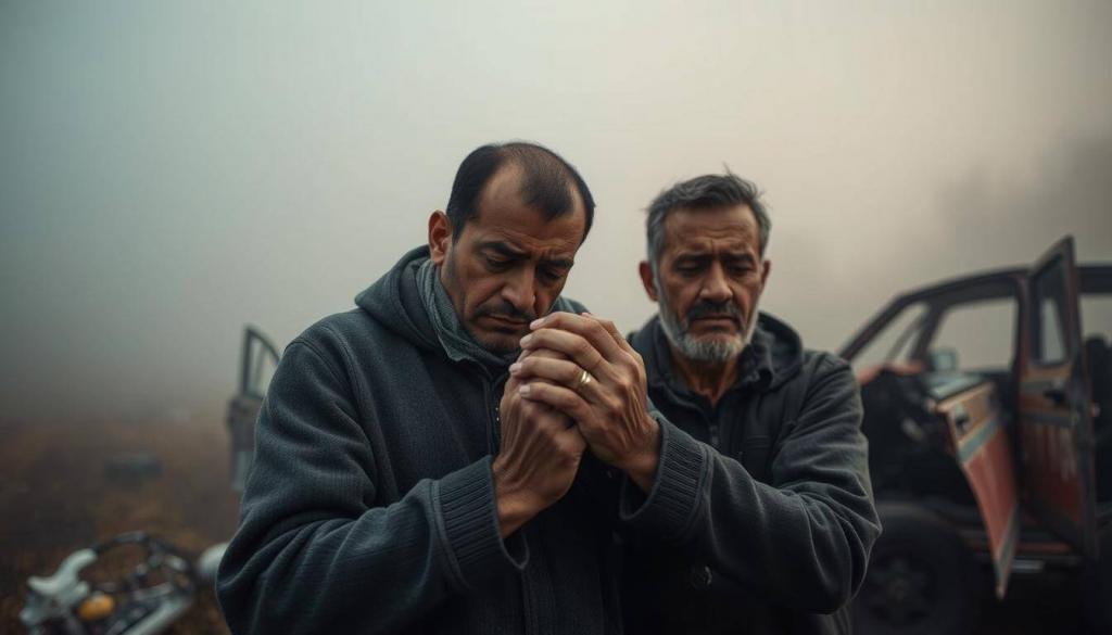 A somber scene of two men, Yasin Mohamed and Luigi Birofio, grappling with the aftermath of a devastating car accident. In the foreground, their faces etched with a mix of shock, grief, and the weight of the traumatic experience. Hands clasped, a gesture of mutual support and solace, as they attempt to process the gravity of the situation. The middle ground is shrouded in a hazy, muted palette, conveying the sense of uncertainty and disorientation that follows such a calamitous event. In the background, the remnants of the damaged vehicles loom, a stark reminder of the perilous nature of the incident. Soft, diffused lighting casts a melancholic glow, evoking the somber mood and the characters' introspective state. The composition emphasizes the subjects' vulnerability and the profound impact of the accident on their lives.