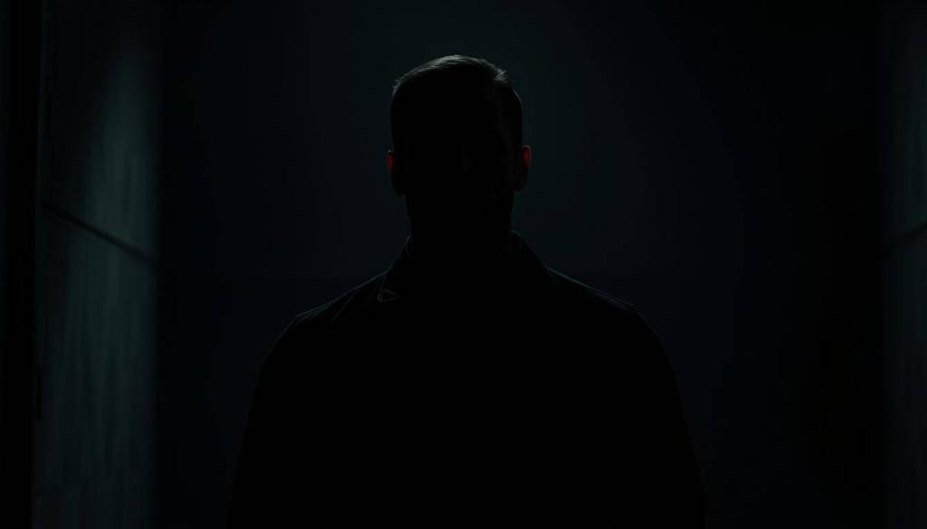 A somber, shadowy figure shrouded in darkness, the Texas Killer Jason Thornburg stands in a dimly lit room, his presence looming with a sense of foreboding. Harsh shadows accentuate his chiseled features, hinting at the unspeakable acts he has committed. The atmosphere is oppressive, the air thick with the weight of his crimes. In the background, a blur of muted colors and textures suggests the aftermath of his violent outbursts, a stark contrast to the cold, calculated nature of his actions. The lighting is dramatic, casting deep shadows that obscure the details, leaving the viewer to ponder the depths of his depravity. This is a haunting portrait of a man whose actions have shaken a community, a study in the darkest recesses of the human psyche.