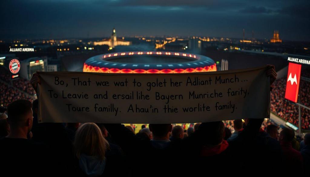 A somber yet heartfelt scene of support and solidarity. In the foreground, a group of Bayern Munich fans hold up a large banner with a touching message of condolence, their faces etched with empathy. The midground depicts the iconic Allianz Arena, its floodlights casting a warm, amber glow, symbolizing the club's embrace of the grieving family. In the background, the city of Munich stretches out, its skyline a testament to the community's unity in times of sorrow. The lighting is soft and diffused, creating a contemplative atmosphere, while the camera angle is slightly elevated, lending a sense of gravitas to the scene. An image that captures the depth of human compassion in the face of tragic loss.