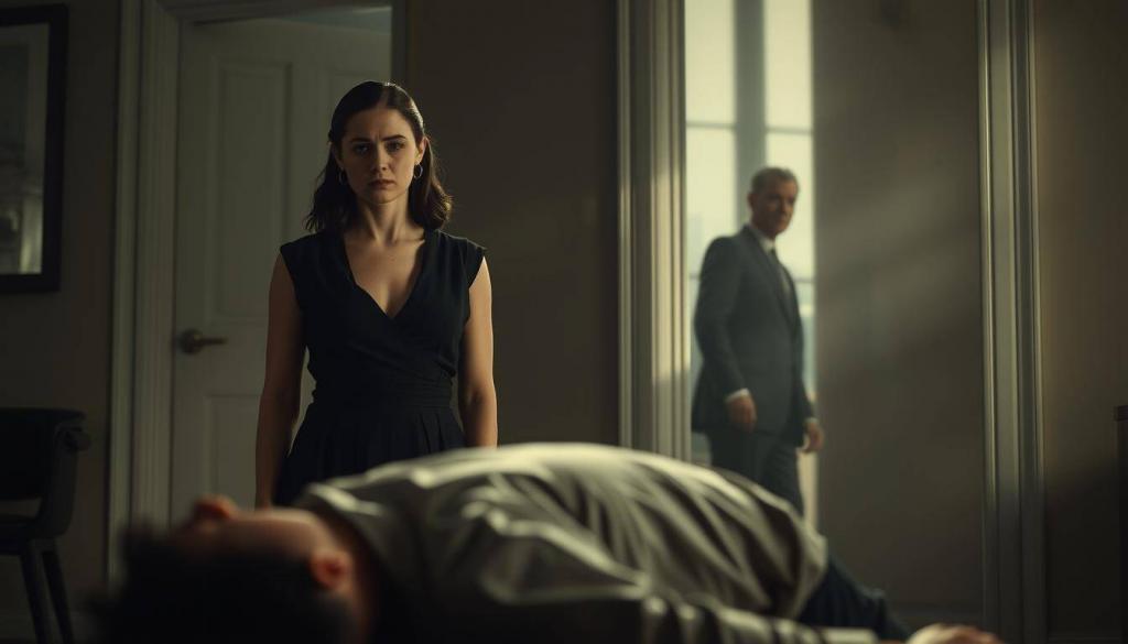 A sophisticated young woman stands in a dimly lit room, her expression one of pained contemplation. In the foreground, a figure representing a victim of fraud lies slumped, their face obscured. The background is hazy, suggesting the involvement of a shadowy third party. Soft, dramatic lighting casts dramatic shadows, heightening the sense of tension and unease. The scene is rendered in a realistic, cinematic style, with a focus on the interplay of light and shadow to convey the emotional weight of the subject matter.