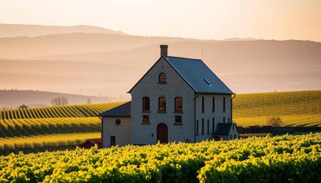 A striking image of the Weingut Othegraven winery in the Saarland region, captured with a crisp, high-resolution lens. The historic stone building stands prominently in the foreground, its gray facade and gabled roof bathed in warm, golden afternoon light. The lush, rolling vineyards stretch out behind the winery, creating a picturesque backdrop of verdant rows of vines and a hazy, distant horizon. The composition emphasizes the winery's stately presence and its harmonious integration with the surrounding landscape, conveying a sense of tradition, quality, and a deep connection to the terroir. The overall mood is one of tranquility, sophistication, and a reverence for the art of winemaking.