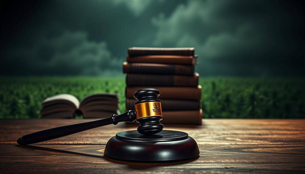 A striking image of the "cannabis gesetz", the legal framework governing cannabis in Germany. In the foreground, a gavel rests on a wooden desk, symbolizing the judicial process. The middle ground features stacks of law books, casting a serious, authoritative tone. In the background, a hazy, green-tinged landscape evokes the substance itself, set against a somber, muted color palette. Dramatic lighting casts deep shadows, heightening the gravity of the subject matter. The composition conveys the complex intersection of legality, policy, and the ongoing societal debates surrounding cannabis.
