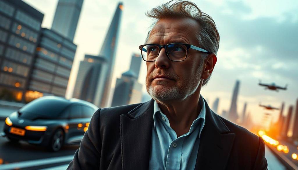 A striking portrait of Günther Jauch, the renowned German television host, gazing contemplatively into the future. Set against a futuristic cityscape, with sleek skyscrapers and flying cars, the image conveys a sense of anticipation and speculation about Jauch's next chapter. Warm lighting bathes the scene, creating a pensive mood, while a subtle depth of field draws the viewer's attention to Jauch's thoughtful expression. The overall composition suggests a sense of optimism and curiosity about the possibilities that lie ahead for this influential media personality.