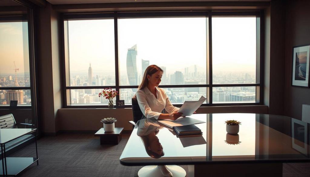 A stylish and well-appointed modern office interior with a large window overlooking a bustling cityscape. In the foreground, a sophisticated woman in a crisp white blouse and dark grey pencil skirt sits at a sleek glass-top desk, deep in thought as she reviews financial documents. The lighting is soft and warm, creating a professional yet inviting atmosphere. The middle ground features carefully curated decor - a vase of fresh flowers, a small succulent plant, and a few framed art prints on the walls. The background showcases the dynamic urban landscape outside, with gleaming skyscrapers and the hazy outline of distant hills. The overall scene evokes a sense of savvy real estate expertise, business acumen, and personal style.