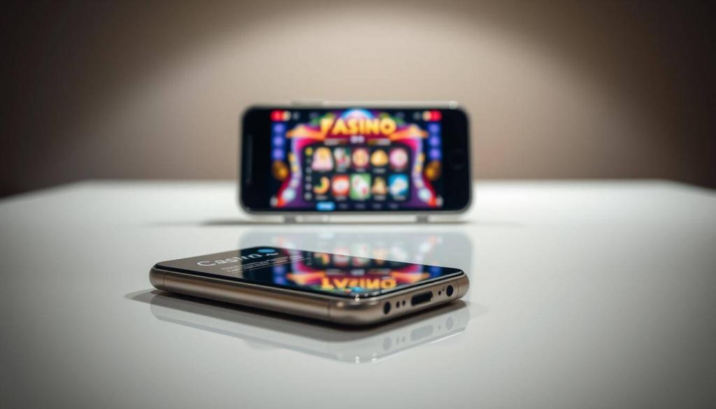 A stylish smartphone rests on a sleek, modern table, its screen illuminated with a vibrant mobile gambling platform. The foreground showcases the device's elegant design, with its metallic edges and seamless glass surface capturing the light. In the middle ground, the mobile app interface unfolds, displaying a visually captivating casino game in progress, complete with high-resolution graphics and dynamic animations. The background blurs into a minimalist, neutral-toned setting, creating a sense of focus and attention on the interactive experience. Soft, directional lighting from above casts subtle shadows, adding depth and dimension to the scene. The overall mood is one of sophistication, technology, and immersive entertainment, perfectly capturing the essence of mobile gaming on a modern digital platform.