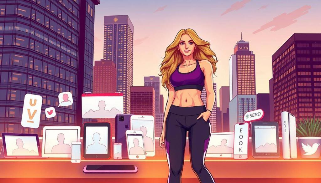 A stylized digital illustration depicting Pamela Reif's diverse income sources. In the foreground, Pamela is shown modeling fashionable activewear, representing her fitness and clothing lines. In the middle ground, various digital devices and social media platforms symbolize her online presence and influencer marketing. In the background, a cityscape with modern high-rise buildings suggests her entrepreneurial ventures and investments. The scene is illuminated by warm, directional lighting, creating a sense of affluence and success. The overall composition conveys Pamela Reif's multifaceted career and the breadth of her Einnahmequellen.