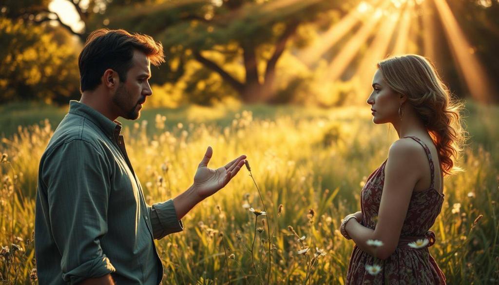 A sun-dappled meadow, lush with wildflowers, serves as the backdrop for an emotional scene. In the foreground, two figures stand in tense confrontation, faces etched with conflict. The man, his expression troubled, gestures emphatically, while the woman, brow furrowed, listens intently, her posture conveying a sense of unease. Shafts of warm, golden light filter through the trees, casting a soft, cinematic glow over the tableau, heightening the drama. The overall mood is one of simmering tension, a pivotal moment in a captivating narrative. A wide, shallow depth of field blurs the peripheral details, keeping the focus on the central characters and their unfolding drama.