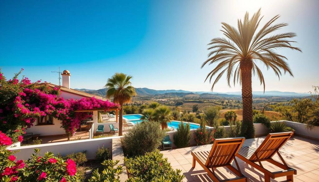 A sun-drenched Mediterranean scene on the island of Mallorca. In the foreground, a picturesque whitewashed villa nestled amidst vibrant bougainvillea blooms. In the middle ground, a serene azure pool reflects the cloudless sky. Lush palm trees sway gently in the warm breeze, casting delicate shadows across the terrace. In the background, rolling hills dotted with olive groves and vineyards recede into the distance. A pair of wooden lounge chairs invite relaxation, hinting at the leisurely, carefree lifestyle of life on this idyllic Spanish island. Warm, golden lighting filters through the scene, evoking a sense of tranquility and escape.