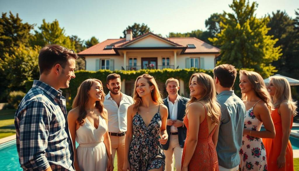 A sun-drenched villa set against a lush, verdant backdrop. In the foreground, a group of well-dressed, attractive couples engaged in lively conversation, their faces alight with excitement and anticipation. The scene is captured with a cinematic, wide-angle lens, emphasizing the grand scale of the setting and the dynamic interactions between the "Promipaare," or celebrity couples, as they gather for the latest season of "Sommerhaus der Stars." The lighting is warm and golden, casting a flattering glow over the participants, who appear relaxed and at ease, ready to embark on their reality TV adventure. The overall atmosphere conveys a sense of glamour, camaraderie, and the thrill of the upcoming competition.