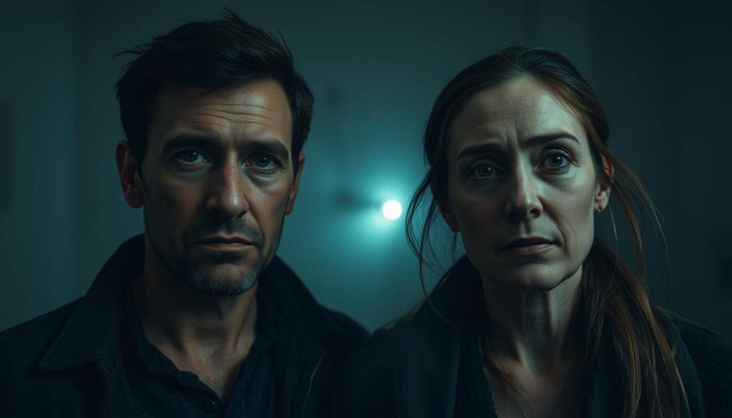 A troubled couple, their faces etched with the ravages of crystal meth addiction, stand in a dimly lit room. The man's sunken eyes and the woman's gaunt features convey the emotional and physical toll of their substance abuse. The foreground is shrouded in a hazy, oppressive atmosphere, reflecting the overwhelming nature of their relationship problems. In the background, a faint glimmer of hope remains, as if a single ray of light struggles to pierce the darkness. The scene is captured with a shallow depth of field, emphasizing the intimate and personal nature of their struggle. The overall impression is one of raw, haunting realism, conveying the devastating impact of drug addiction on a once-vibrant partnership.