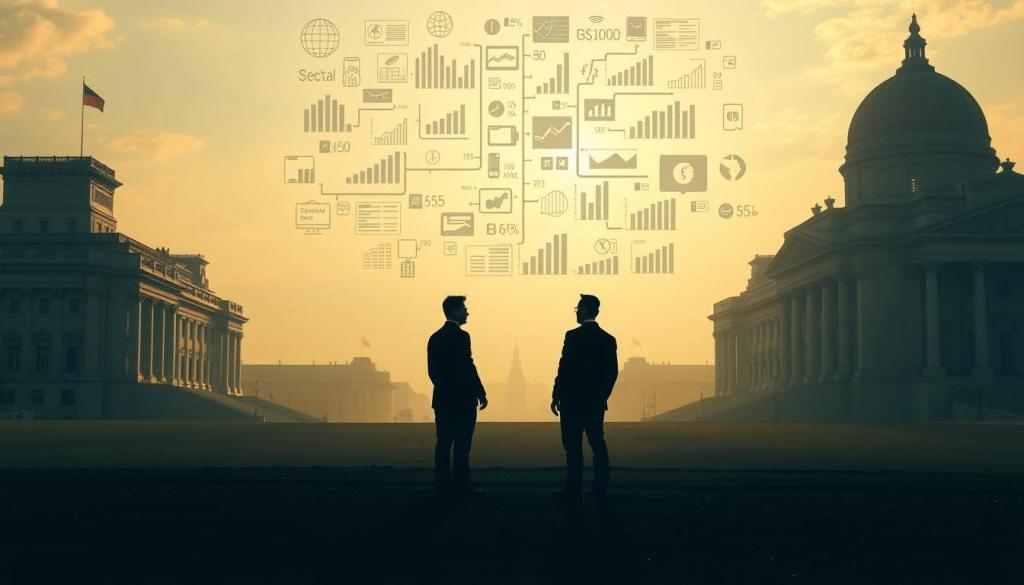 A vast landscape featuring the imposing silhouettes of government buildings, their stately facades casting long shadows across the ground. In the foreground, two figures stand facing each other, representing the distinct entities of the federal government and the state governments. Behind them, a maze of financial charts, graphs, and ledgers floats in mid-air, highlighting the complex interplay of budgets, reserves, and special funds. The scene is bathed in a soft, golden light, conveying a sense of weighty responsibility and the gravity of the decisions at hand. The composition emphasizes the scale and importance of the "Bund vs. Länder" dynamic, as the viewer is drawn into the nuanced dialogue between the national and regional powers over the management of pension liabilities and financial preparedness.