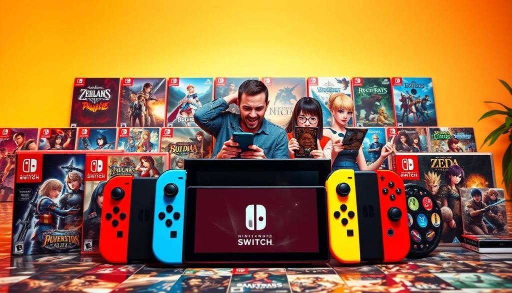 A vibrant and captivating scene of Nintendo Switch role-playing games. In the foreground, several Nintendo Switch consoles stand prominently, their colorful Joy-Con controllers inviting interaction. Surrounding them, a diverse array of game covers showcases the rich variety of RPG titles available on the platform - from epic fantasy adventures to whimsical anime-inspired narratives. The middle ground features enthusiastic gamers, deeply immersed in their gameplay, their expressions conveying the thrill of exploration and discovery. In the background, a minimalist, yet stylish setup evokes the sleek, modern aesthetic of the Nintendo Switch, creating a cohesive and visually striking composition. Warm, diffused lighting illuminates the scene, lending a sense of warmth and vibrancy to the overall image.