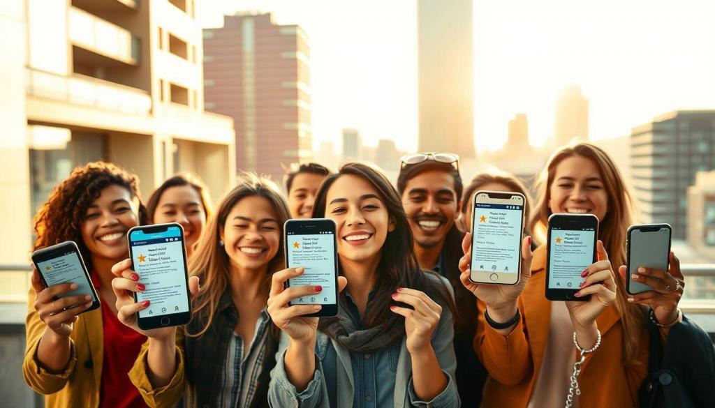 A vibrant and cheerful scene showcasing positive customer reviews. In the foreground, a group of diverse people enthusiastically hold up glowing reviews on their smartphones, their expressions radiating satisfaction. The middle ground features an array of digital devices, representing the various platforms where consumers share their experiences. In the background, a warm, sun-drenched cityscape with modern architecture provides a stylish and inviting setting. The lighting is soft and diffused, creating a sense of positivity and approachability. The overall composition conveys the importance of online reviews in the digital age and the power of positive customer sentiment.